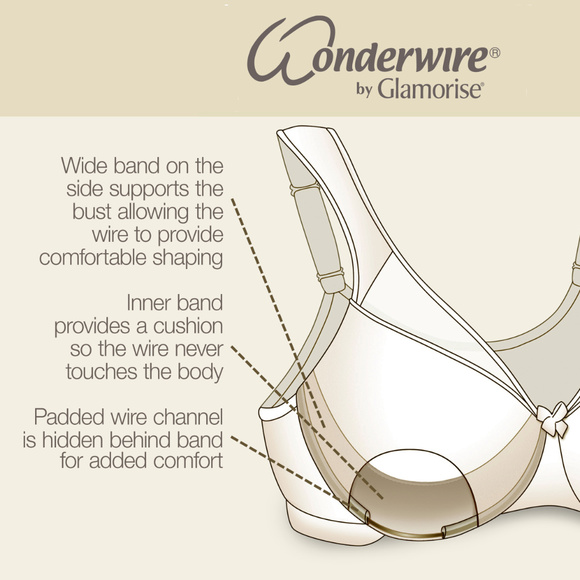 Glamorise 36D WONDERWIRE Bra Satin & Lace UNDERWIRE (FLEXI SIDE BONES) Black NEW - Picture 9 of 16